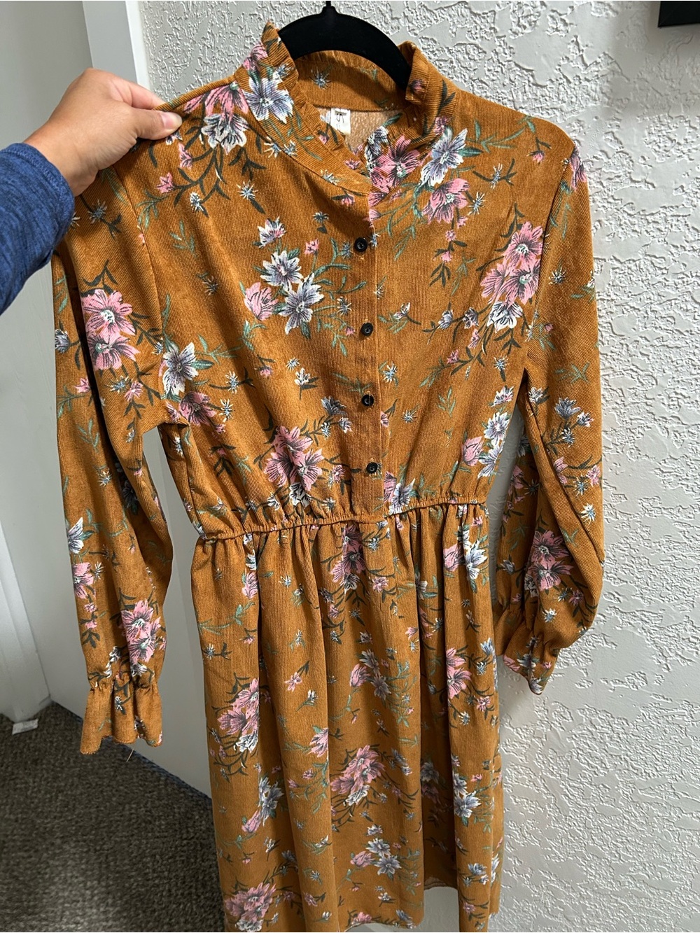 Floral Button-Front Mustard Corduroy Women’s Dress